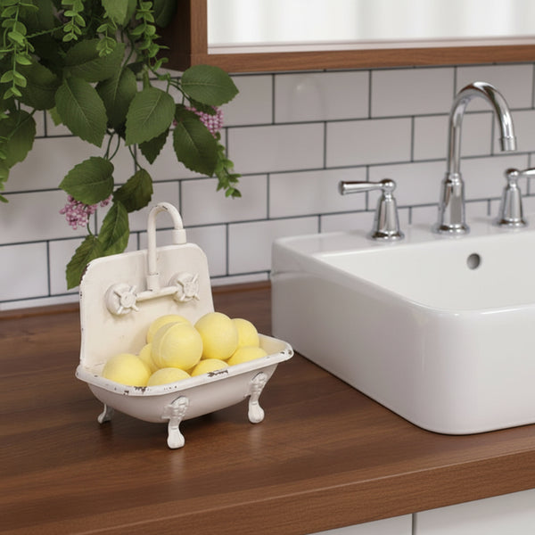 distressed white faucet bathtub soap dish