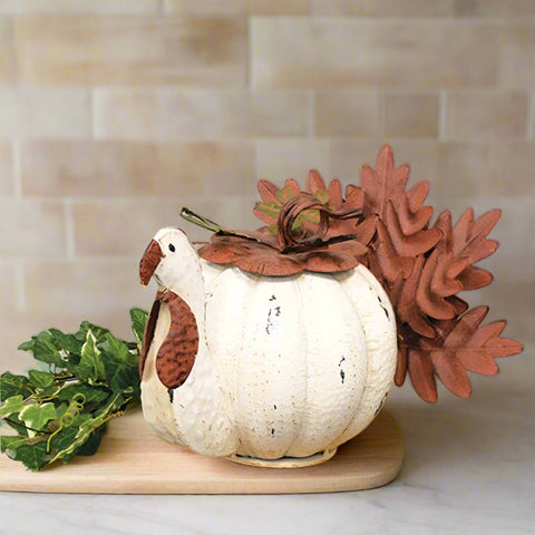 Distressed Metal Turkey Pumpkin Canister with Lid