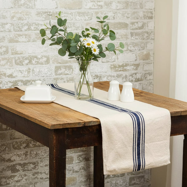 navy striped flour sack short table runner 32 inch