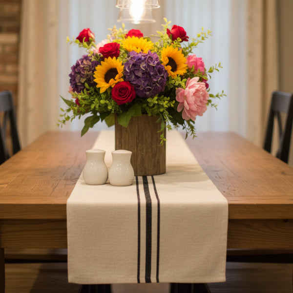 cream and black flour sack long table runner 56 inch