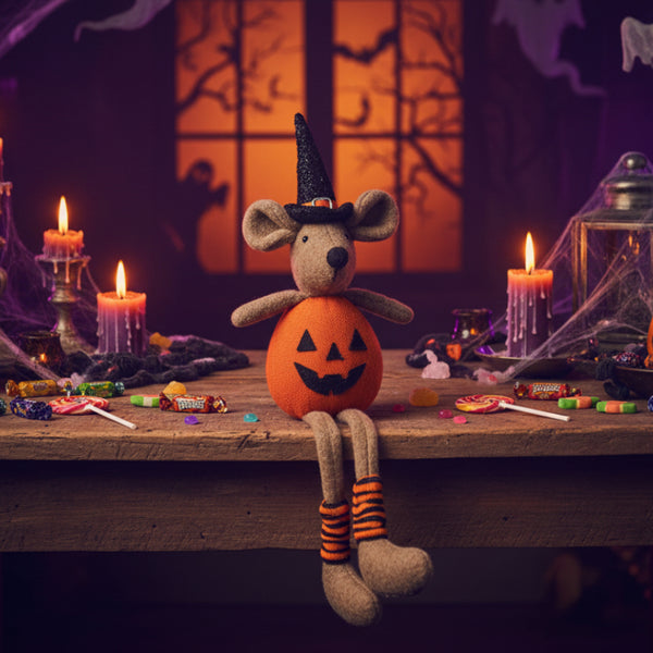 stuffed jack-o-lantern-dangle legs mouse figurine