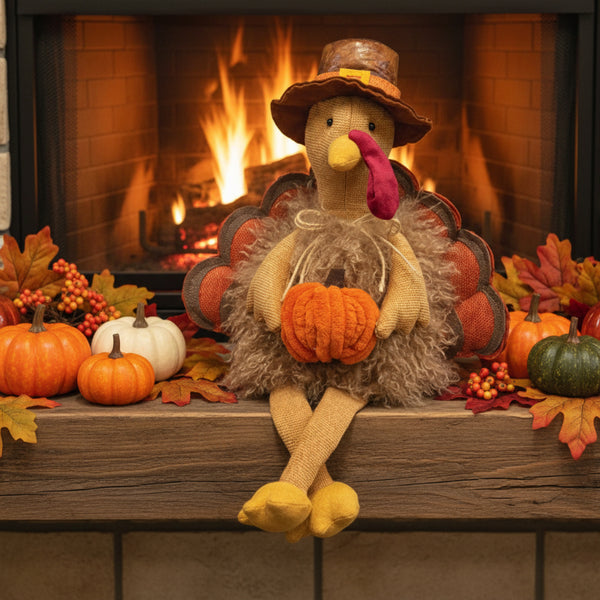 plush dangle legs fluffy turkey holding pumpkin figurine