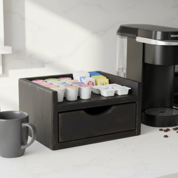 black distressed wooden coffee station organizer with drawer