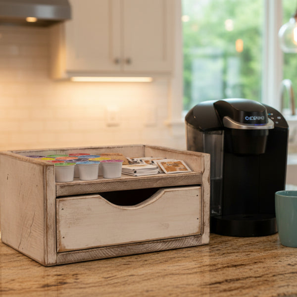 white distressed wooden coffee station organizer with drawer