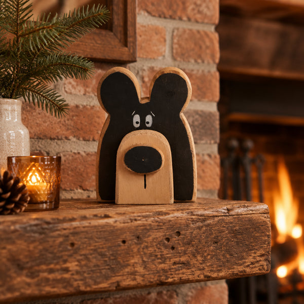 distressed wooden bear head shelf sitter