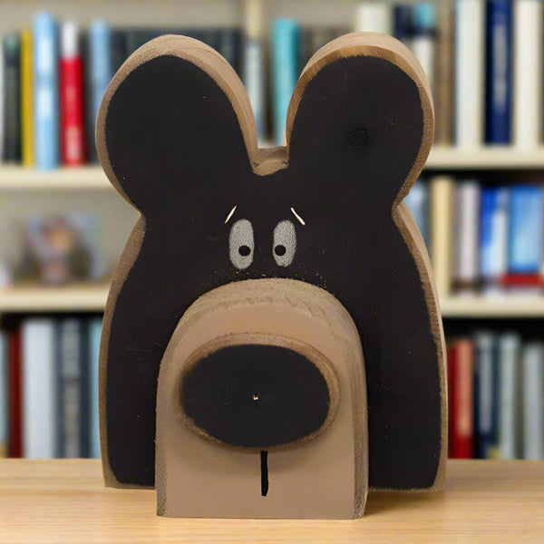 distressed wooden bear head shelf sitter