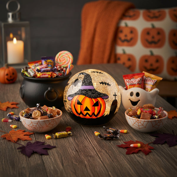 halloween pumpkin witch lit orb ornament