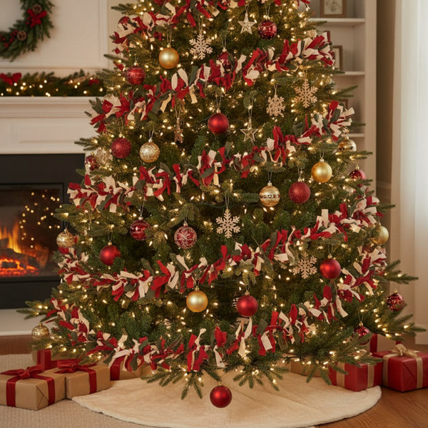 primitive red green and white rag garland