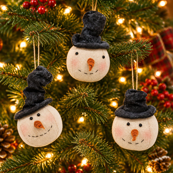 stuffed floppy hat snowman head ornaments set of 3
