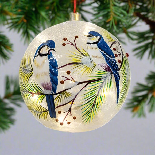 snowy blue jay pair light up ball ornament