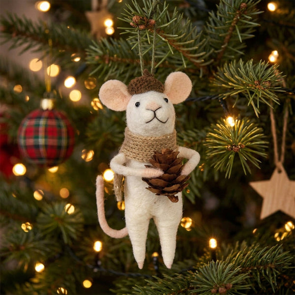 felted mouse with beige scarf ornament