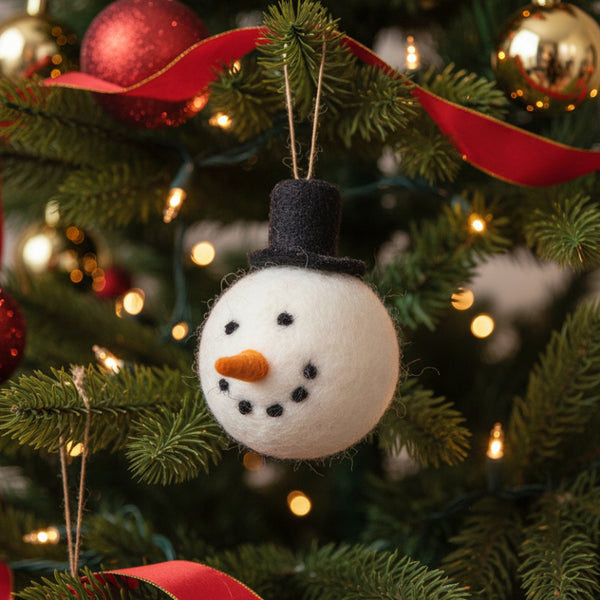 felted wool snowman with top hat ornament