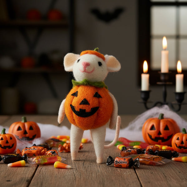 felted halloween pumpkin mouse ornament