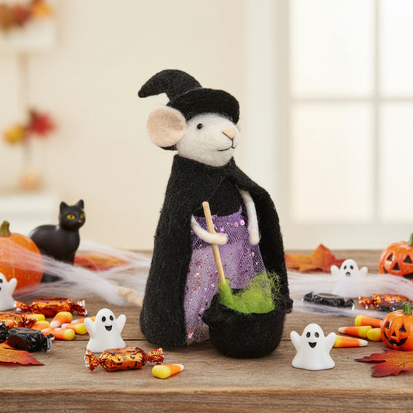 felted cauldron witch mouse ornament