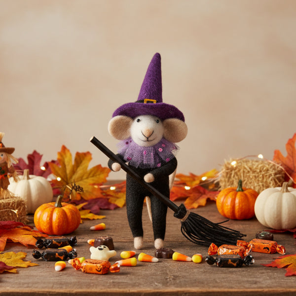felted broomstick witch mouse ornament