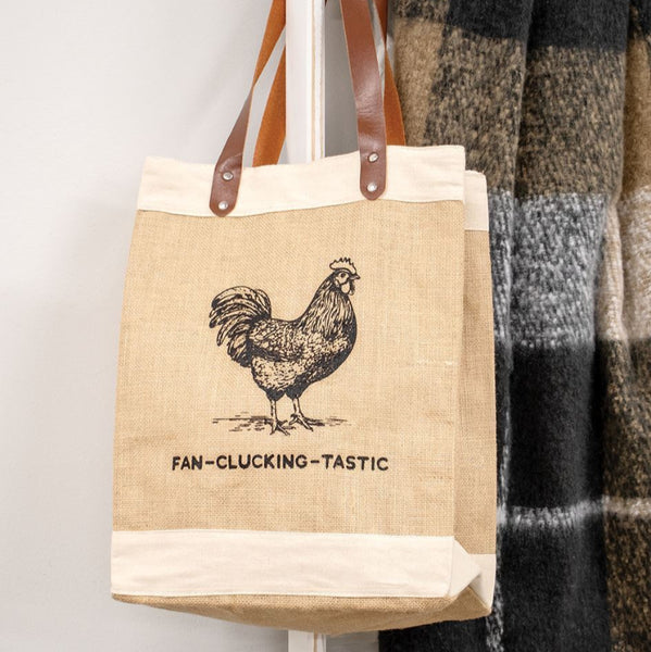 fan clucking tastic jute rooster tote