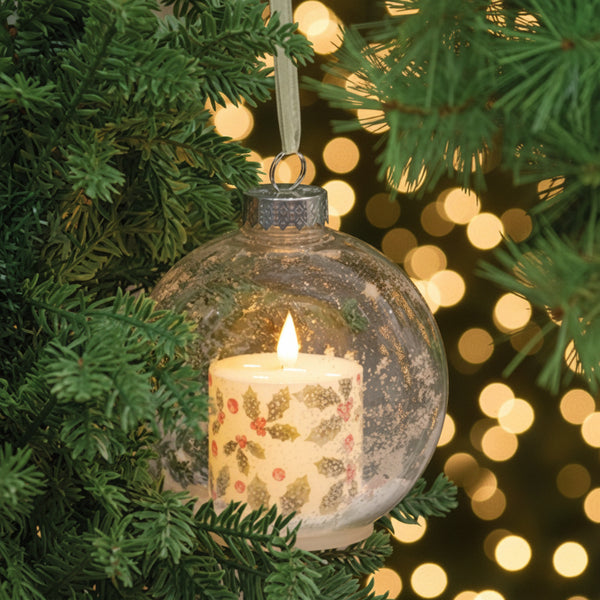 sparkling holly and berries led candle ball ornament