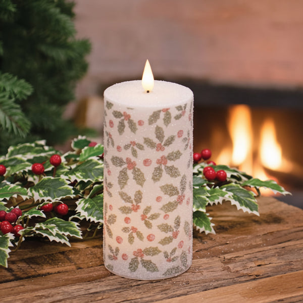large sparkling holly and berries led timer votive candle