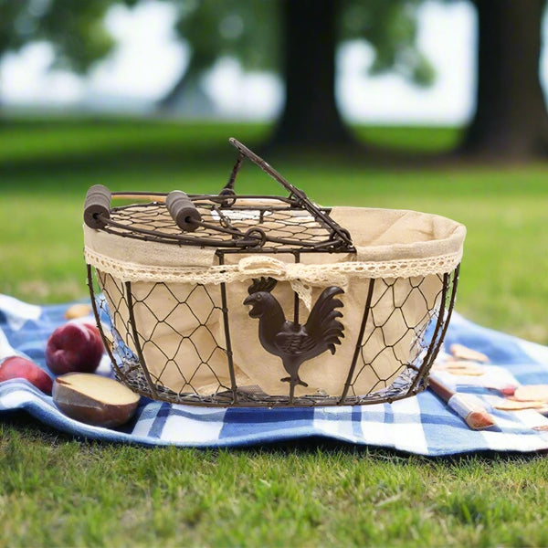 rooster fabric lined wire picnic basket