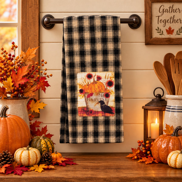 harvest bucket and primitive crow kitchen dish towel