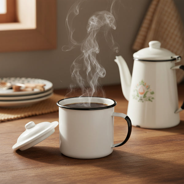 large baked enamel mug with lid