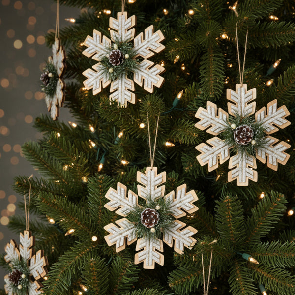 large wooden birch and pine snowflake ornament
