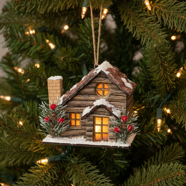 led winter lodge house ornament