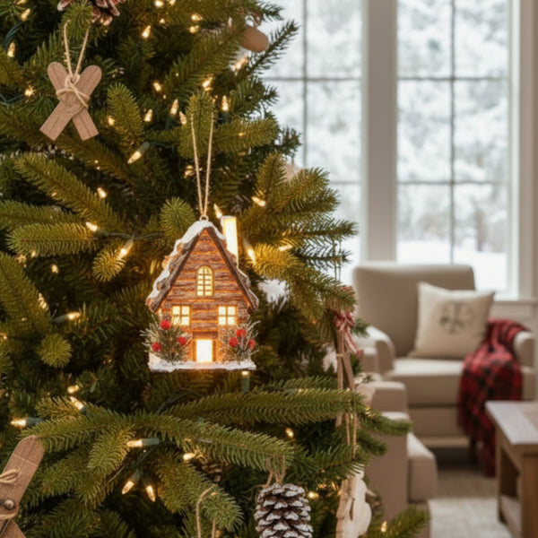led winter cottage lodge ornament