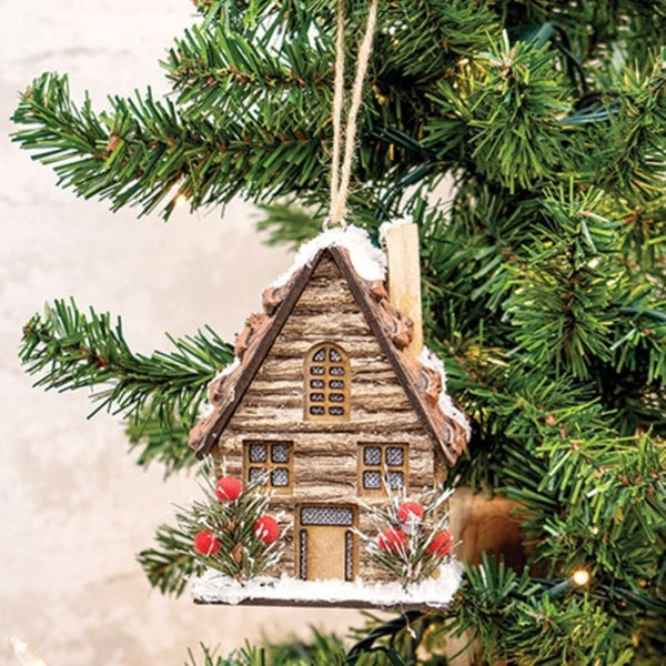 led winter cottage lodge ornament