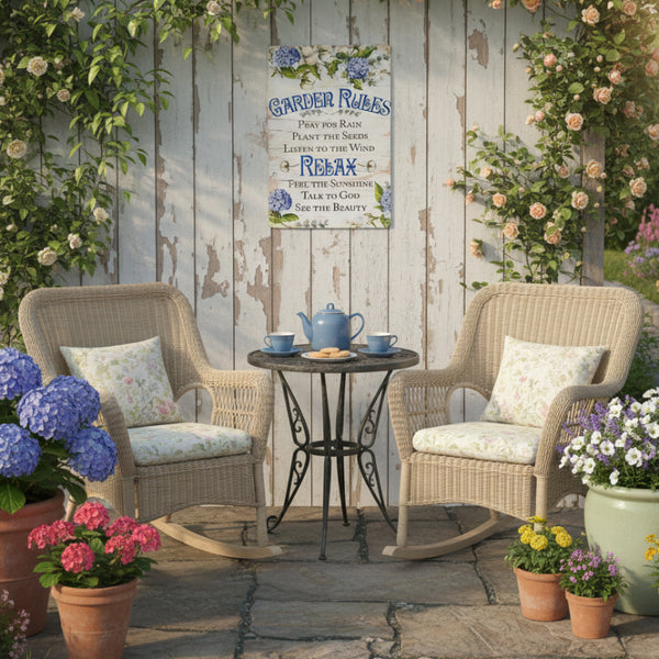 blue hydrangea garden rules tin sign