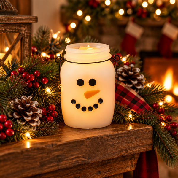 snowman keeping jar flameless candle with timer