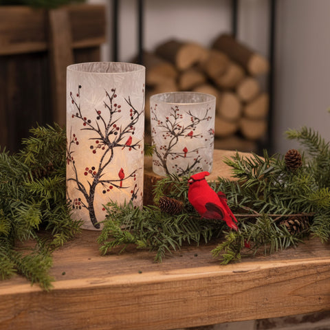 Set of 2 Frosted Winter Cardinals Pillar Candle Jar Vases