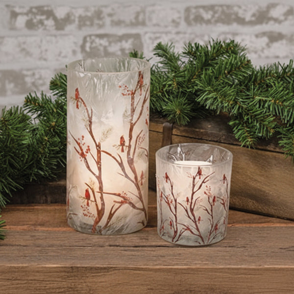 set of 2 frosted glass woodland cardinal pillar candle holders