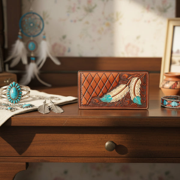 ladies dark brown leather feather wallet