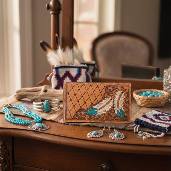 ladies tooled leather feather wallet