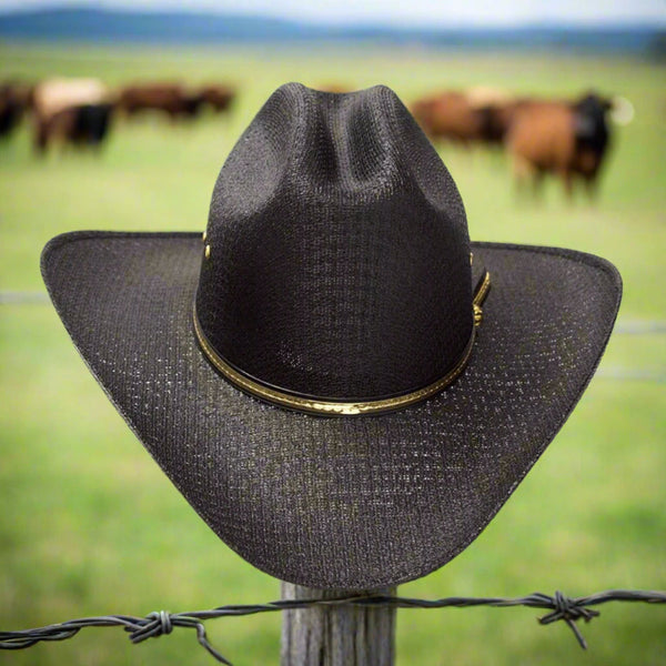 black straw cattleman with gold trim western hat