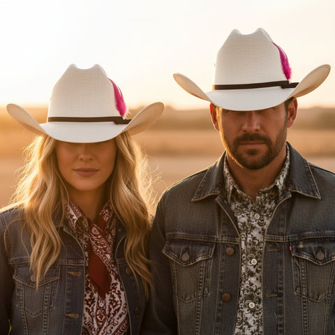 White Straw Western Cattleman Hat with Feather