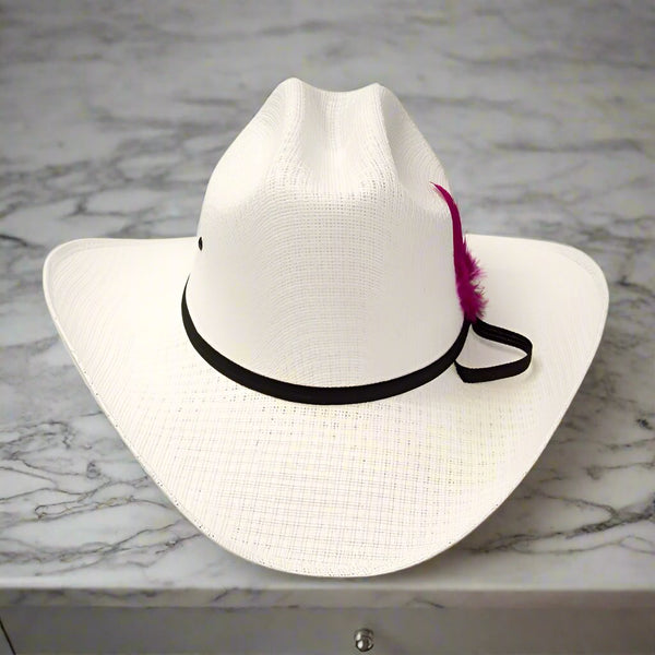 white straw western cattleman hat with feather