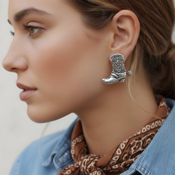 western boot silver engraved stud earrings