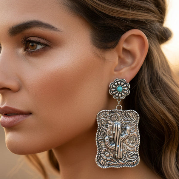 western cactus and turquois flowers engraved silver dangle earrings