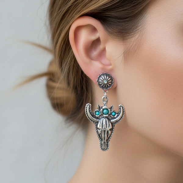 western bull skull and turquoise dangle earrings