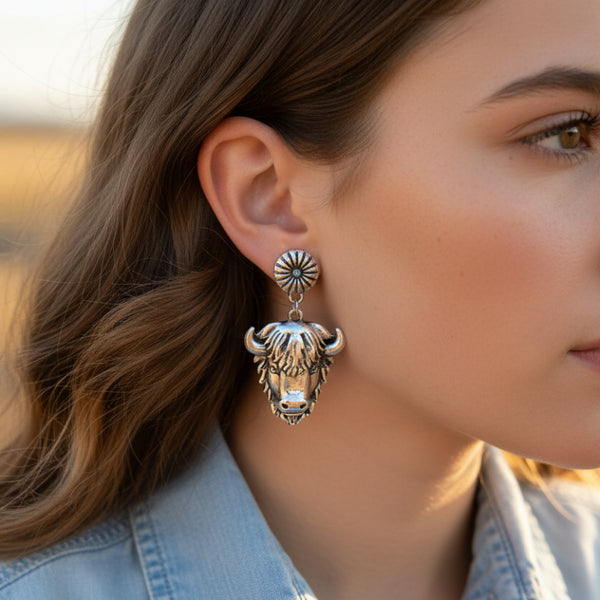 western buffalo head silver sunburst dangle stud earrings
