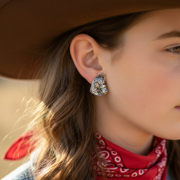 western engraved horse head stud earrings