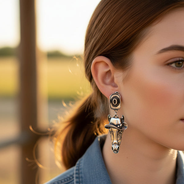 western horse head and cowboy hat dangle stud earrings