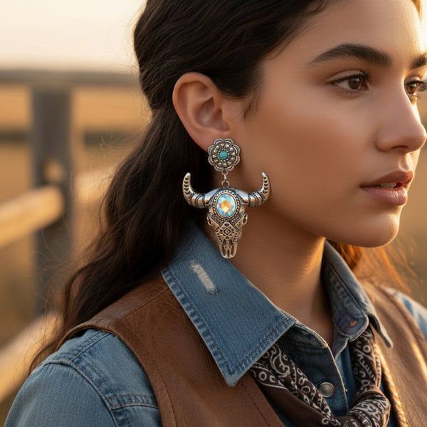 western bull skull turquoise and gemstone dangle earrings