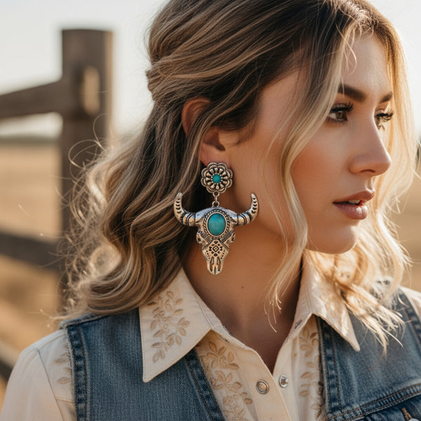 western bull skull turquoise dangle earrings
