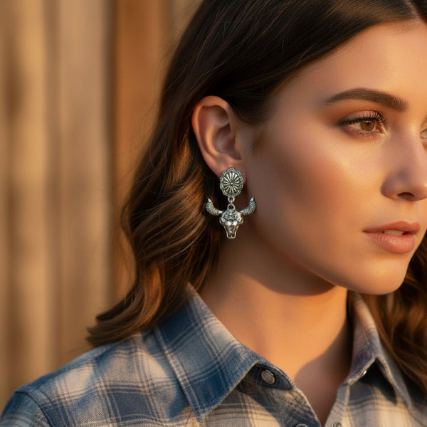 western bull skull rhinestone stud dangle earrings
