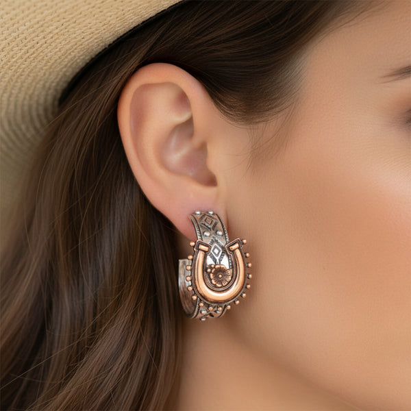 western copper horseshoes and silver engraved cuff earrings