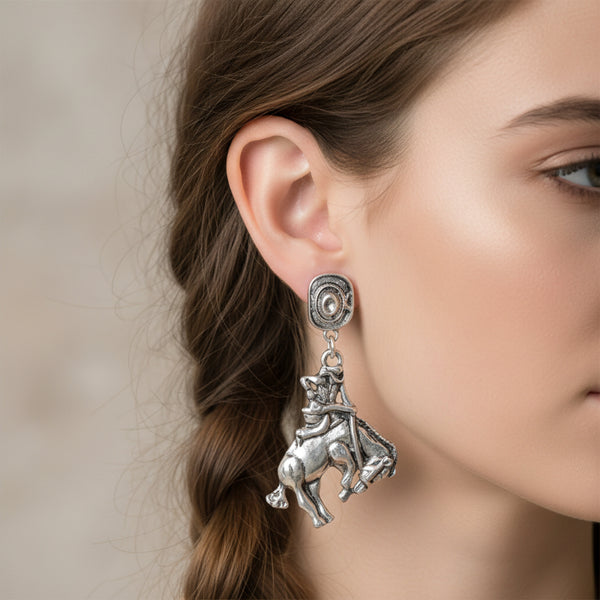 western rodeo bronc rider and silver hat dangle earrings