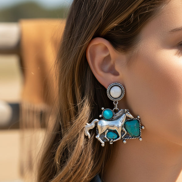 western running horse and colored stones dangle earrings